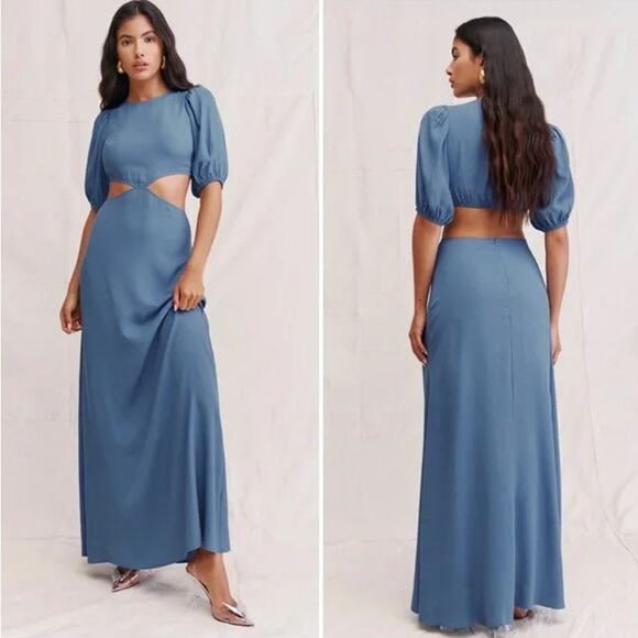 REFORMATION Tory Maxi Dress Cut Out Puff Short Sleeve Gown Morning Glory Blue - Picture 1 of 16